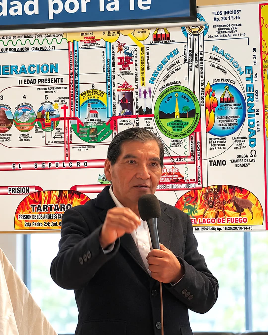 El Pastor Virgilio Yucra Y. predicando con el micrófono, frente a la línea de tiempo bíblica